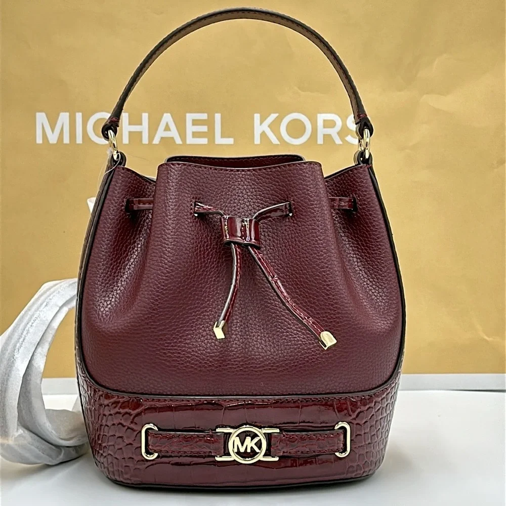 MICHAEL KORS  Reed Medium Pebbled Leather Bucket Bag Satchel Crossbody Oxblood